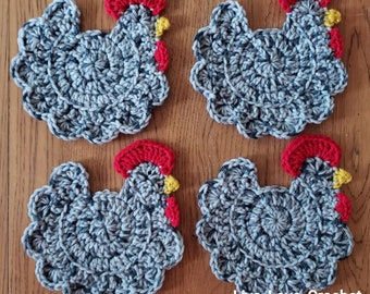 Chicken / Hen coasters - Set of 4, farmhouse decor, rooster, housewarming gift, animal coaster, crochet, gray speckle