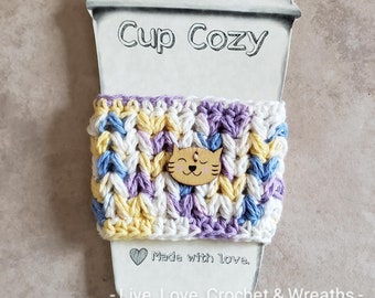 Crocheted Cat Cup Cozy, Cozies, Coffee cup cover, to-go cup cover for hot or cold drinks, tea, soda, cotton, koozie, kitty