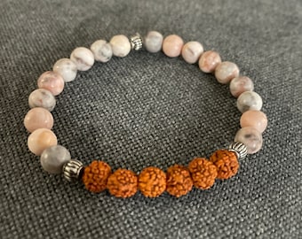 Pink Zebra Jasper & Rudraksha Bead Mala Bracelet