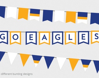 May include: Three different bunting designs featuring navy blue, white, and gold flags. The first design has alternating flags with navy blue, white, and gold. The second design has the words "GO EAGLES" in white letters on navy blue flags with gold borders. The third design has alternating triangle flags with navy blue, white, and gold.
