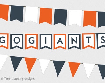 May include: Three rows of bunting flags in orange, dark gray, and white. The top row features swallowtail flags. The middle row displays swallowtail flags spelling GOGIANTS in dark gray letters. The bottom row consists of triangular pennants.