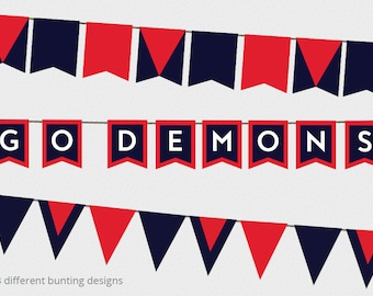 May include: A set of three bunting banners featuring red and navy blue pennants. The middle banner displays the white text GO DEMONS on individual navy blue flags with red borders. The top and bottom banners feature alternating solid and layered geometric patterns.