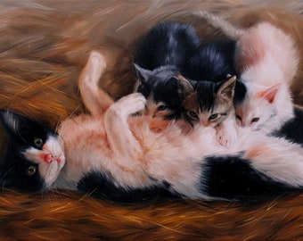 Mamma, dipinto di gatta con gattini, arte di gatta con gattini, dipinti di animali, dipinti di gatti, dipinto ad olio di un piccolo gattino, arte di una gatta madre con gattini