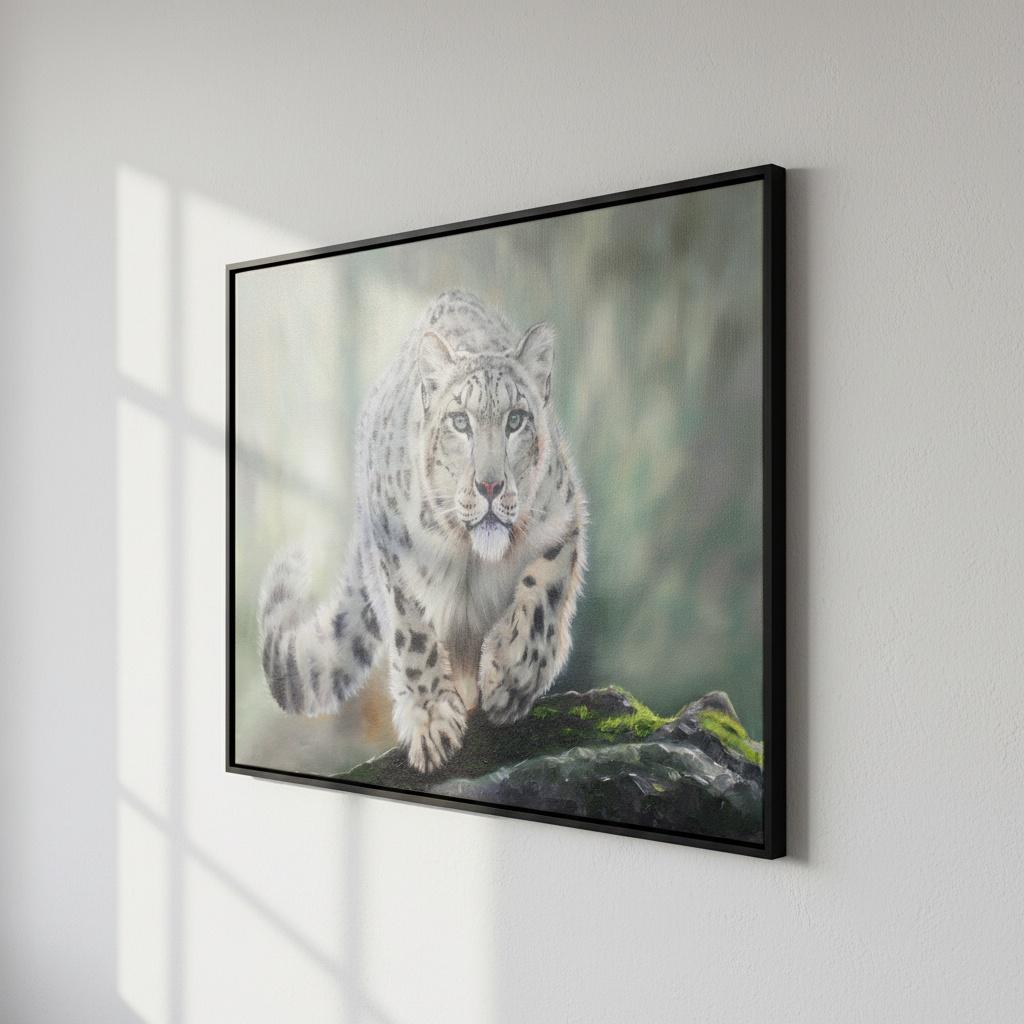 狩りをするユキヒョウ、クーガーの油絵、オリジナルのホーム