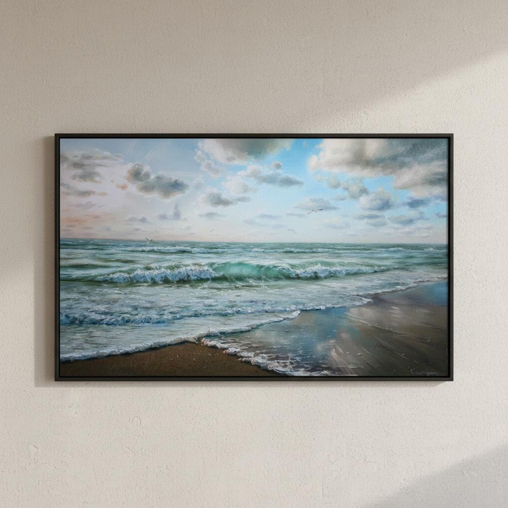 海の風景、紺碧の海、カモメのアート、海のビーチの絵画、オリジナルの