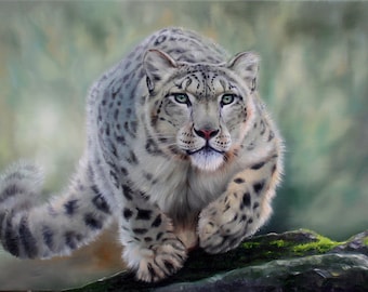 Snow Leopard on the hunt, Cougar oil painting, Home decor original, 3D animals artwork, Wall art, Handmade leopard, Wild nature decoration