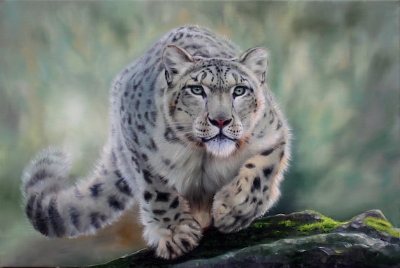 狩りをするユキヒョウ、クーガーの油絵、オリジナルのホーム