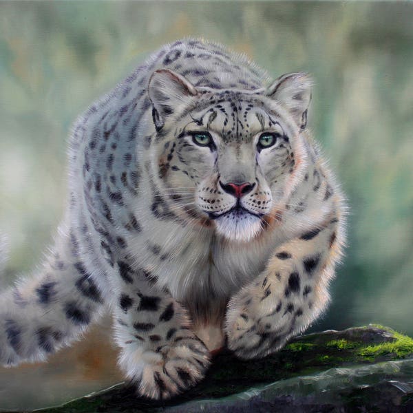 Snow Leopard on the hunt, Cougar oil painting, Home decor original, 3D animals artwork, Wall art, Handmade leopard, Wild nature decoration