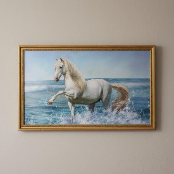 ホームデコレーションアート、海辺の馬、白馬の絵画、キャンバス絵画