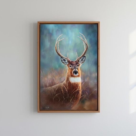 鹿のオリジナルアート作品、動物の油絵、リビングルームのアート、野生