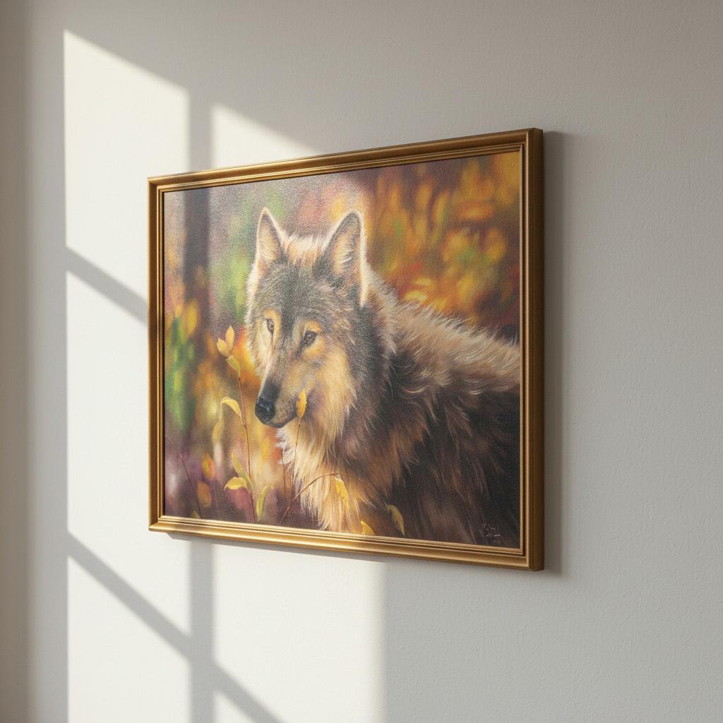 若いオオカミを描いた油絵、動物アートのオリジナル作品、ミコラ