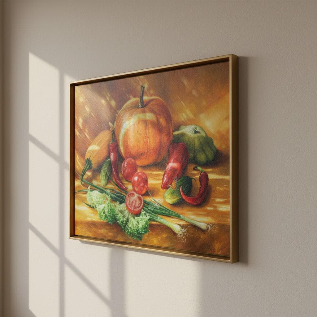 野菜のある静物画、カボチャの油絵、秋の静物画、農家の装飾アート