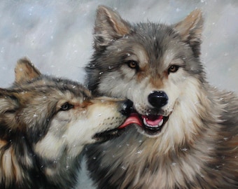 Wolves in love, Original oil painting, Wolves home decor, Animal lovers gift, Ready to hang, Totally handmade art, Realism wolves artwork