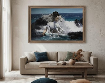 美しさと力強さ、馬と海の油絵、キャンバス上の白い馬のアート、白い馬