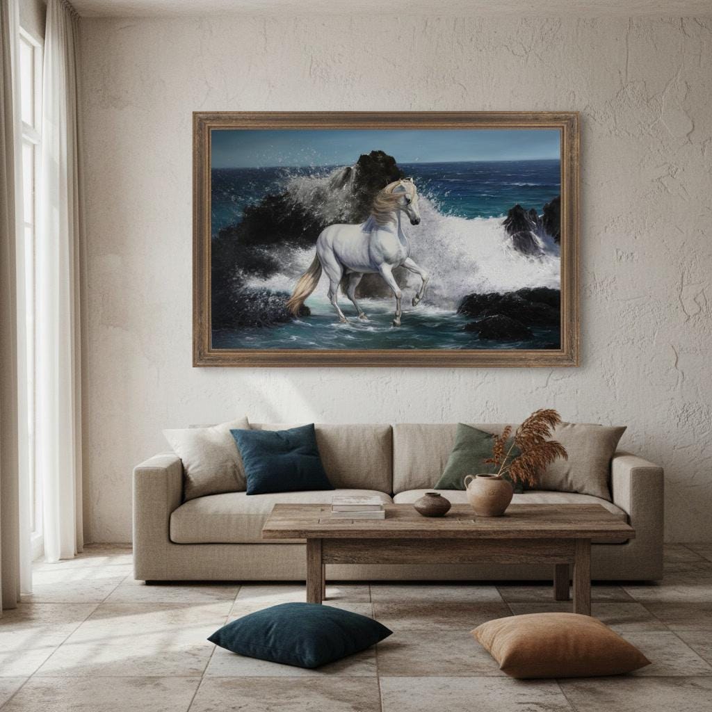 美しさと力強さ、馬と海の油絵、キャンバス上の白い馬のアート、白い馬