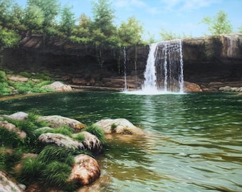 Waterfall oil painting, Oil water painted, Waterfall art on canvas, Realism waterfall artwork, River oil painting, Large water wall artwork