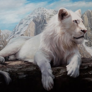 May include: A painting of a white lion resting on a log, with a mountainous backdrop. The lion has light blue eyes and a thick, white mane. The background features snow-capped mountains and a blue sky.