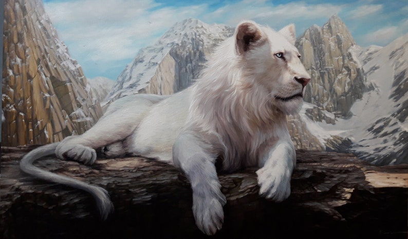 May include: A painting of a white lion resting on a log, with a mountainous backdrop. The lion has light blue eyes and a thick, white mane. The background features snow-capped mountains and a blue sky.