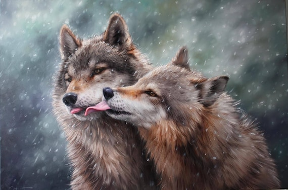 Beso de los lobos Óleo de lobos Pareja de lobos Pintura - Etsy España