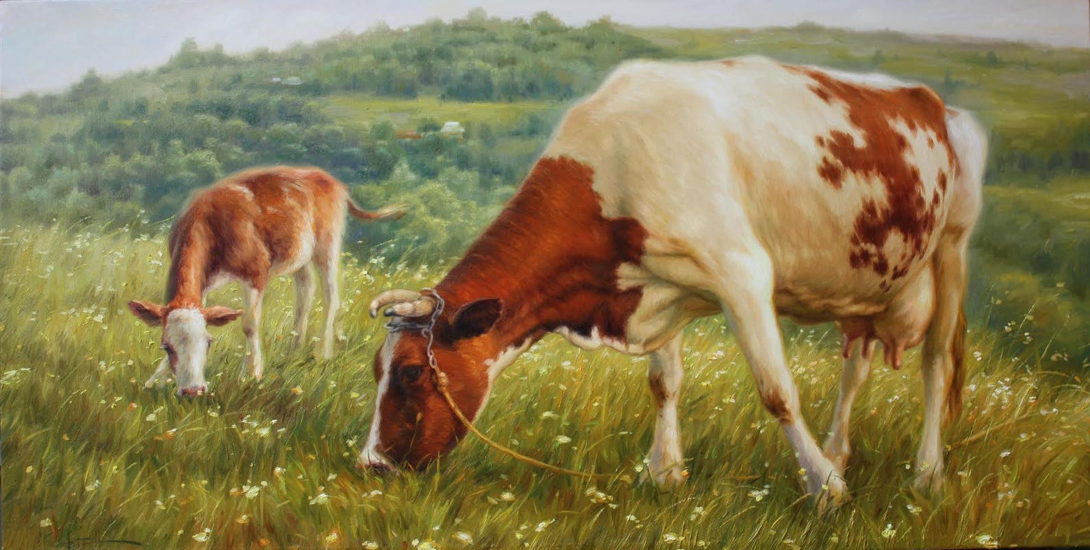 Коровы в живописи. Коровы и телята. Корова с теленком на лугу. Коровы на картинах художников.