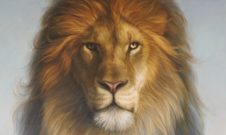 May include: A close-up portrait of a lion with a thick mane of golden brown fur. The lion has a serious expression with piercing amber eyes.
