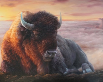 Where the clouds are born, Great bison original painting, Art on canvas, Realism buffalo hand painted, Gift for friend, New year  gift