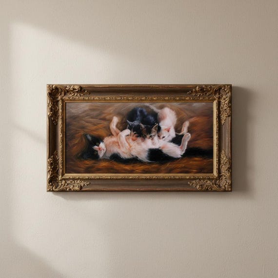 絵画 油絵　母と仔　猫 ママ、子猫と猫の絵、子猫と猫のアート、動物の絵、猫の絵、子猫の油絵