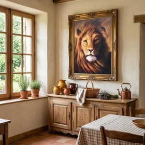 May include: A framed lion portrait with a gold ornate frame hangs above a wooden cabinet. The cabinet holds ceramic jugs, a wicker basket, and a copper kettle. A window with potted plants is visible.