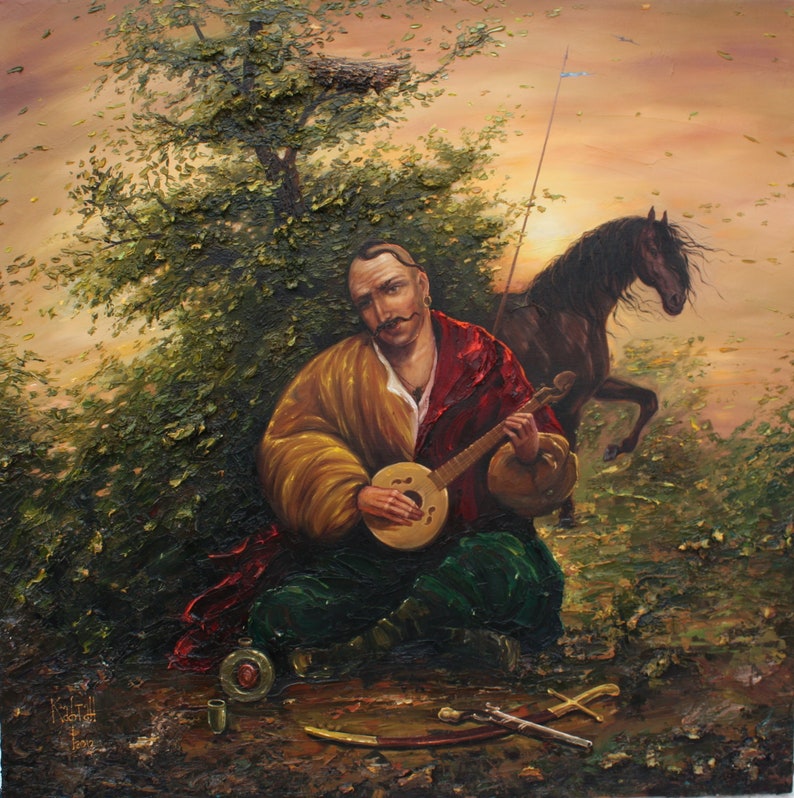 May include: A painting depicting a man playing a stringed instrument, perhaps a lute or a mandolin, while seated beneath a tree. He is clad in a yellow and red tunic and has a dark beard and moustache. A brown horse stands behind him, and a small bird's nest is visible in the tree above him.