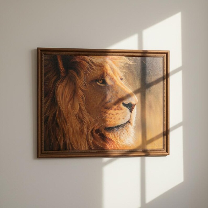 May include: A framed painting of a lion's profile, showcasing a detailed depiction of its face and mane. The artwork features warm tones of brown and gold, with a focus on the lion's eye and facial features. The frame is a dark brown color.