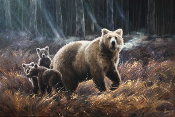 クマのオリジナル絵画、クマの家族、野生の自然アート、ギフトの