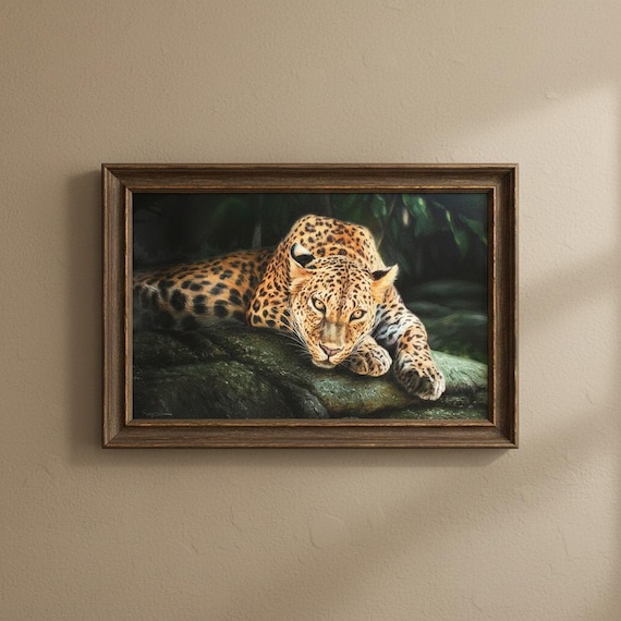 ジャガーの油絵、ジャングルのジャガー、動物の油絵、手描きの大型ネコ