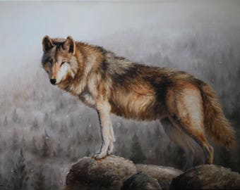 Winter landscape with wolf, Wolf art by Mykola Kaftan, Animals art, Hand painted nature, Art for office, Realism oil on canvas, Custom art