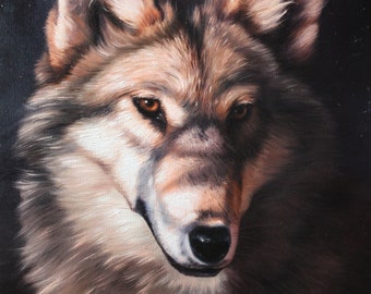 Nachtwaker wolf, uniek olieverfschilderij, realistisch portret van een wilde wolf, kunst met dieren, originele kunstwerken wilde natuur, wolf handgemaakt