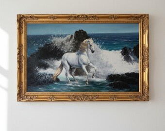 美しさと力強さ、馬と海の油絵、キャンバス上の白い馬のアート、白い馬