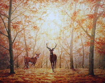 森の中の鹿のオリジナル絵画、鹿のペア、野生動物の絵画、リアリズムの