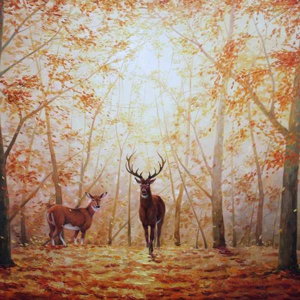 Original painting with deers in the forest, Pair of deers, Wild animals painted, Realism oil art, Piece of art, Doe artwork, Home decor deer