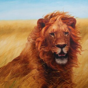Great lion painting, King of animals art, Animal home decor, Gift for man, Office painting, Realism lion artwork, Living room art, Animalism