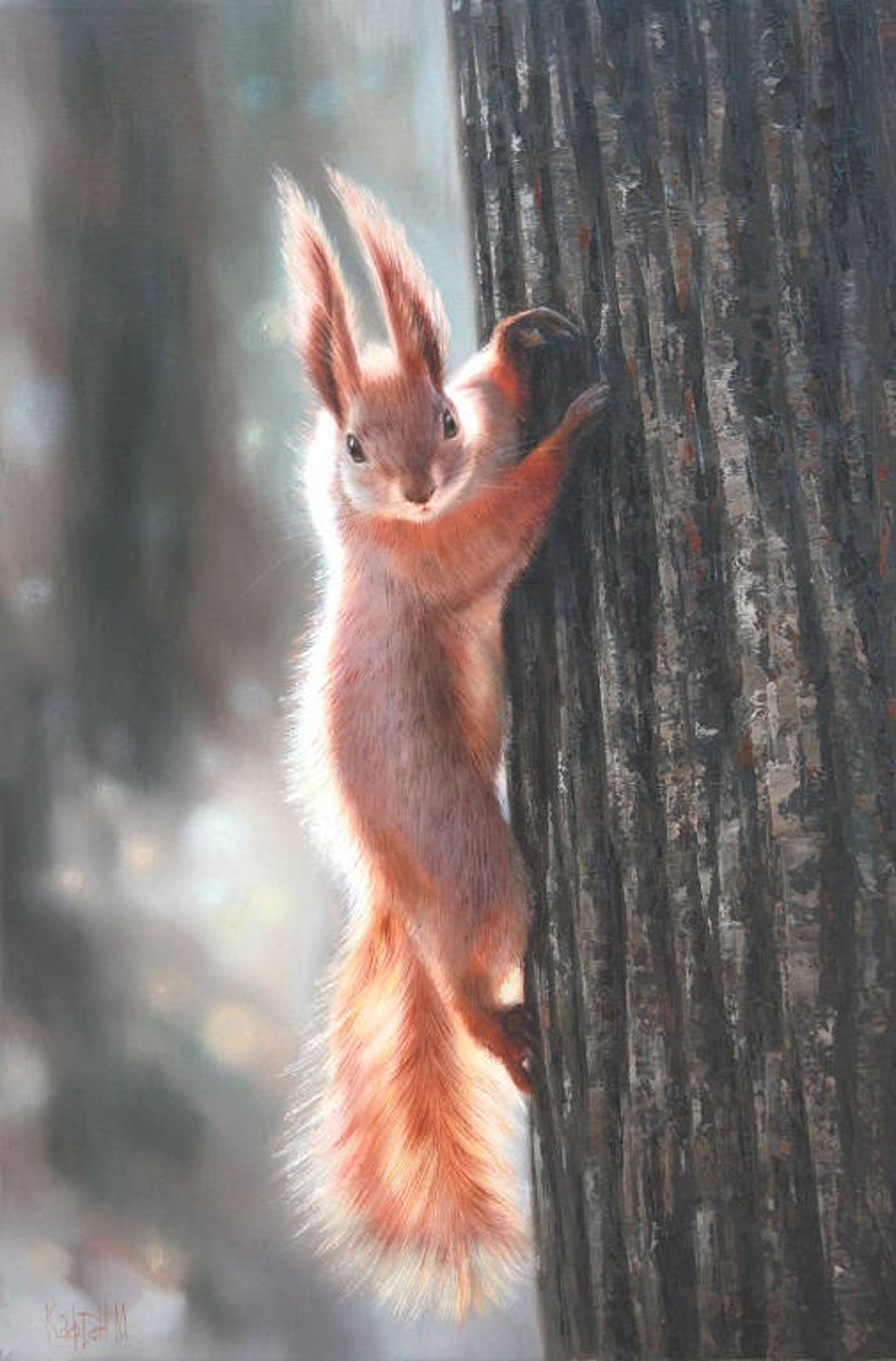 Squirrel on a Tree Art, Squirrel Oil Painting, Animals Realism Artwork, Picture for a Nursery