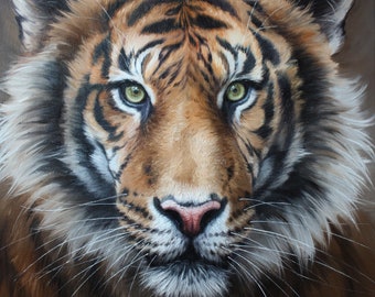 Original Tiger Girl Oil Painting, Colorful Animal Art on Canvas