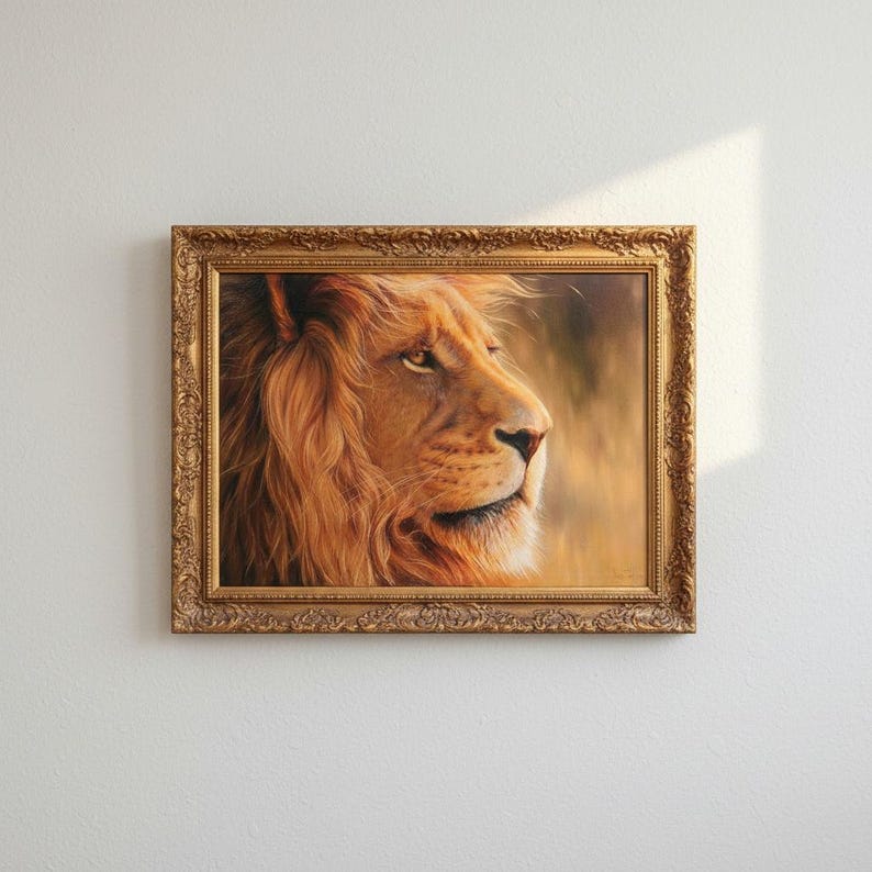 May include: A framed portrait of a lion in profile, showcasing its majestic mane and focused gaze. The artwork is set within an ornate, gold-colored frame, adding a touch of elegance. The lion's fur is a warm, golden-brown hue.