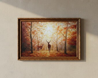 森の中の鹿のオリジナル絵画、鹿のペア、野生動物の絵画、リアリズムの