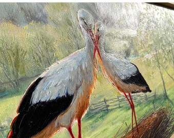 コウノトリのつがい、鳥のつがい、高品質のアート、コウノトリの油絵