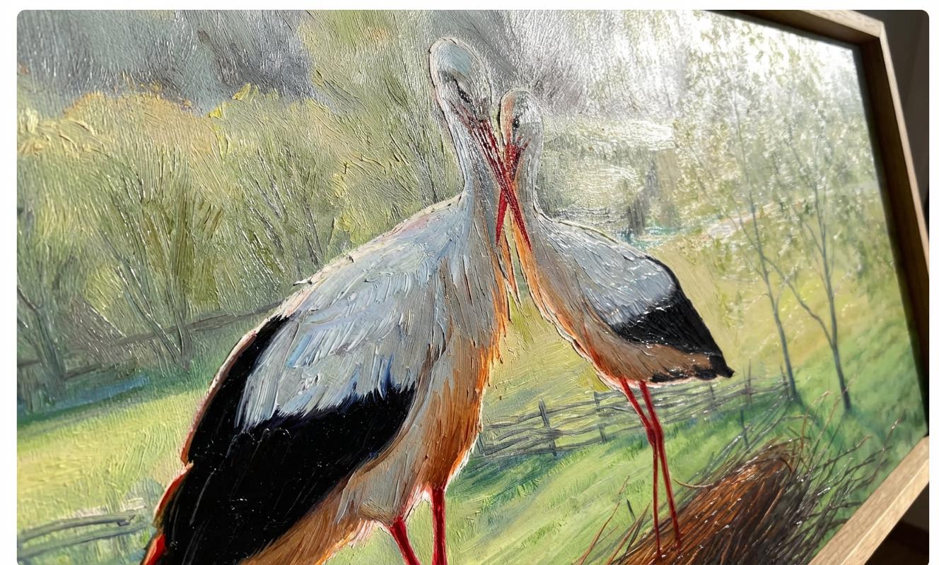 コウノトリのつがい、鳥のつがい、高品質のアート、コウノトリの油絵