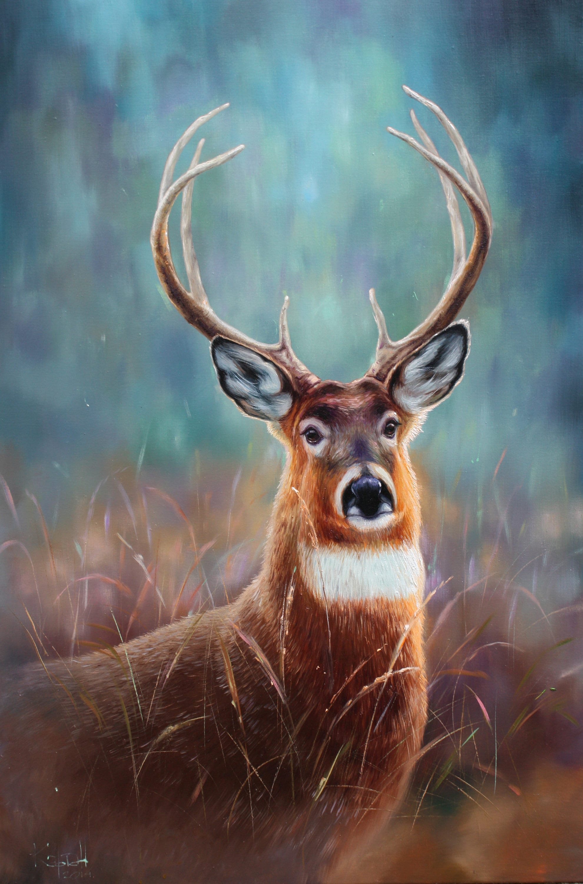 鹿の親子 F25油彩画 風景画 oil painting art 鹿のオリジナルアート作品、動物の油絵、リビングルームのアート、野生