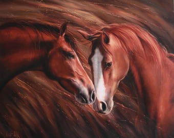 Original horses oil painting, Canvas brown horses art, Wall horses art, Pair of brown horses, Horses love art, Horses gift for a loved one