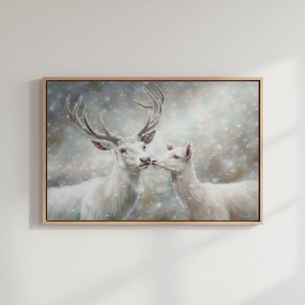 鹿の親子 F25油彩画 風景画 絵画 oil painting art 白い鹿の油絵、鹿の家の装飾、白い鹿のアートワーク、鹿のペア、冬の