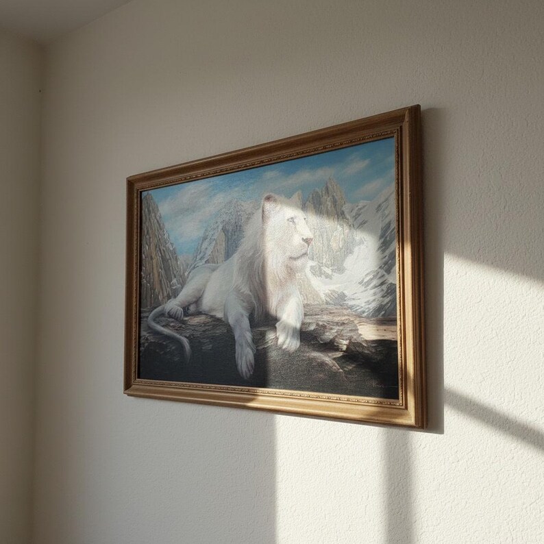 May include: A framed painting of a white lion resting on a rock, set against a backdrop of snow-capped mountains and a blue sky. The artwork is enclosed in a gold-colored frame, adding a touch of elegance to the scene.