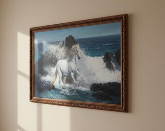 美しさと力強さ、馬と海の油絵、キャンバス上の白い馬のアート、白い馬