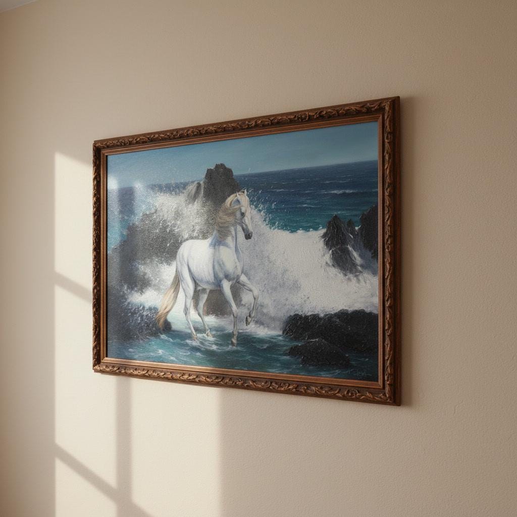 美しさと力強さ、馬と海の油絵、キャンバス上の白い馬のアート、白い馬
